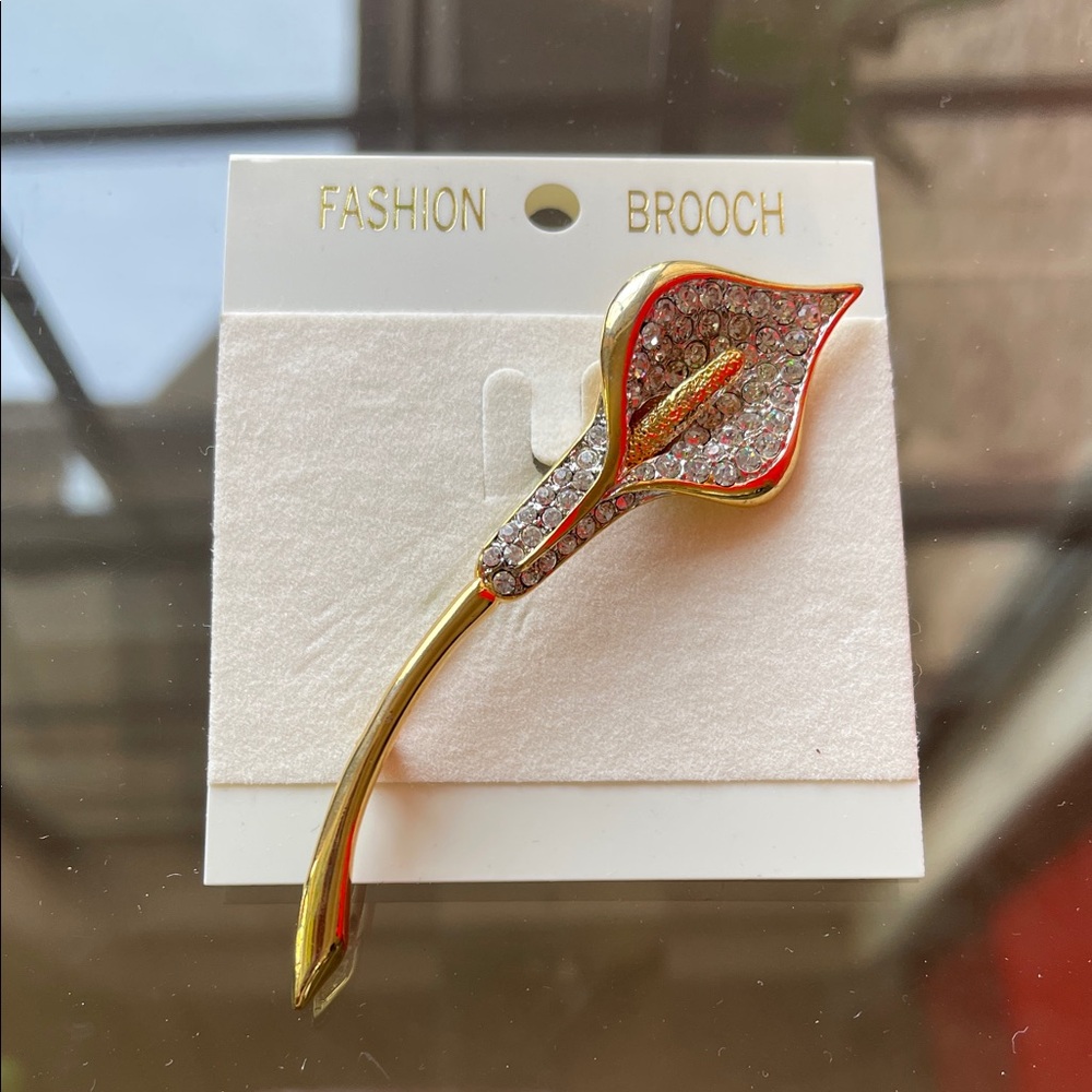 Gold Tone Crystal Calla Lily Brooch - Brand
